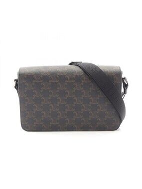 Celine Shoulder Bag Triomphe Flap Black Canvas Leather